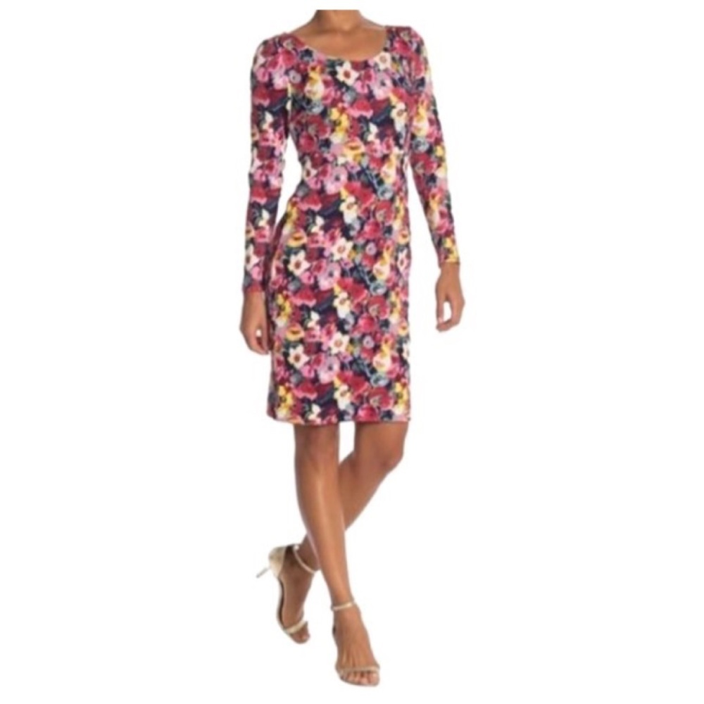 Betsy Johnson Scoop Neck Dark Floral Shift Dress Long Sleeve Size 6